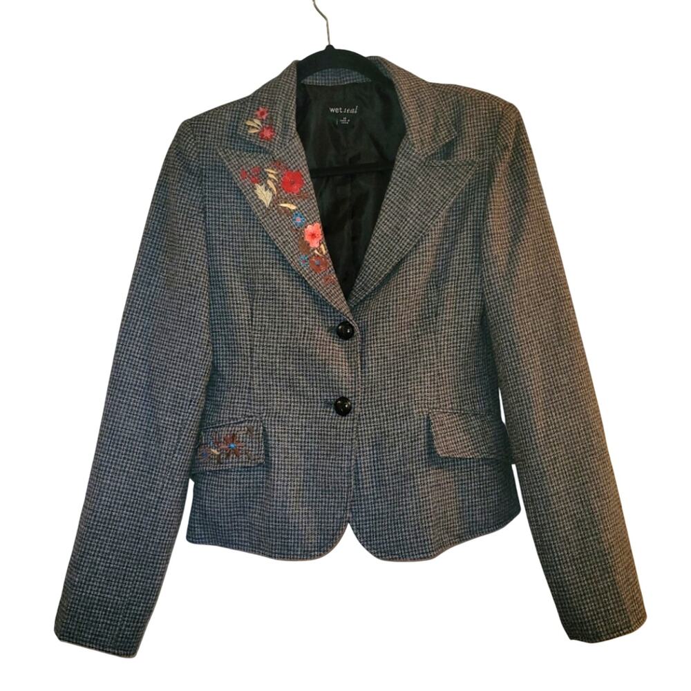 Vintage 90s Womens Floral Embroidered Houndstooth Blazer Size M Wet Seal